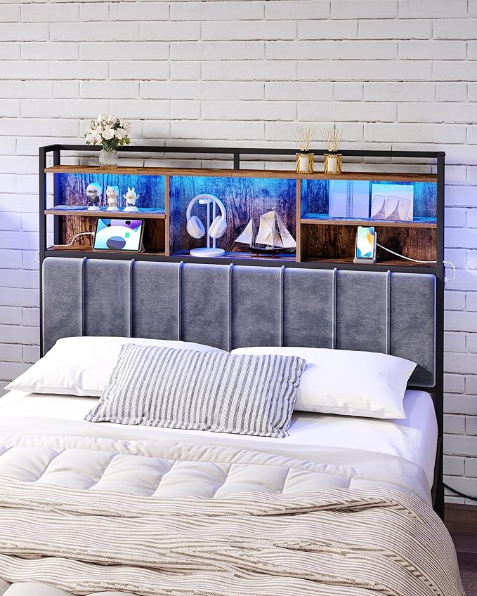 Headboard with 3-Tier Storage Shelves, Velvet Upholstered Head Board with 2 Outlets, USB Ports & LED Light, Soft Backrest for Queen Size Bed, Rustic Brown and Black BH15201BV1