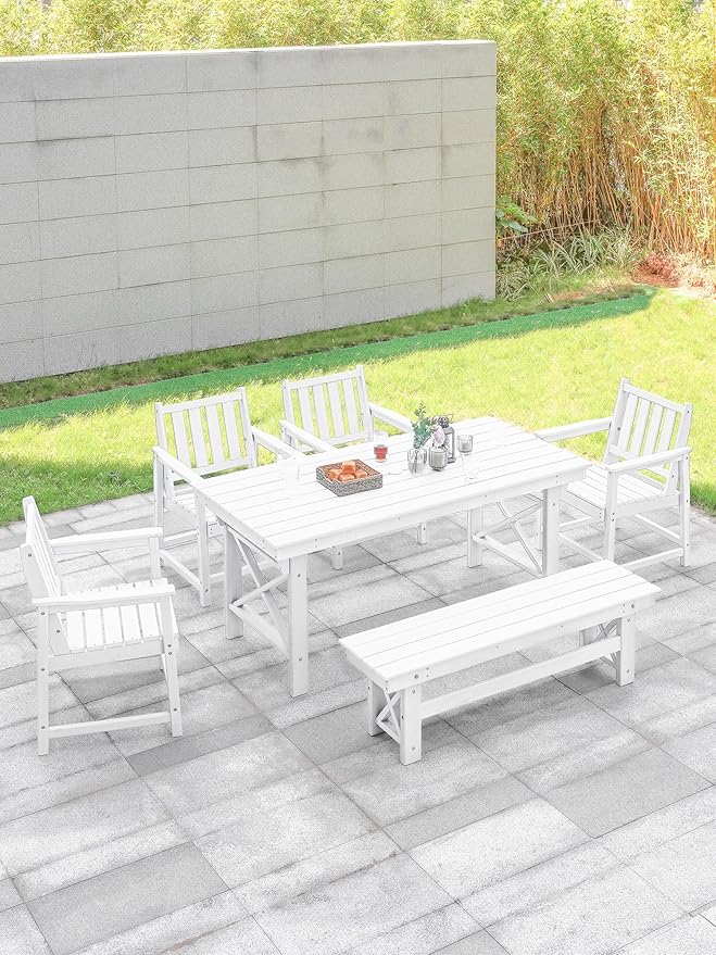 HDPE Outdoor Dining Set of 6, Patio Dining Table Set with 4 Chairs and 1 Bench, 6 Pieces HDPE Dining Set with Umbrella Hole, Outdoor Furniture Sets for Deck, Poolside, Garden, Pearl
