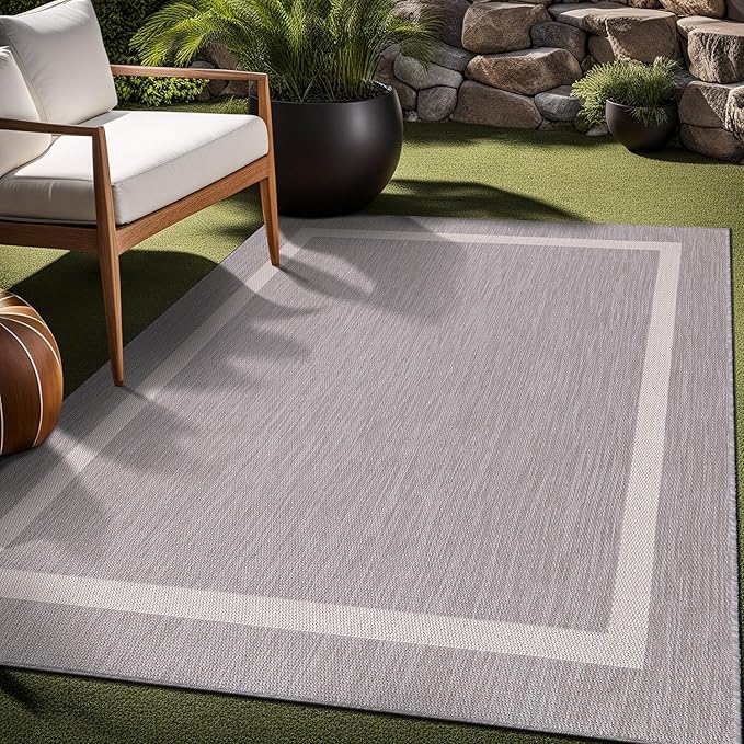 Bordered Outdoor Rug 6x9 Washable Outside Carpet for Indoor Patio Porch Waterproof Easy Cleaning Non Shedding Area Rugs Gray 6 x 9