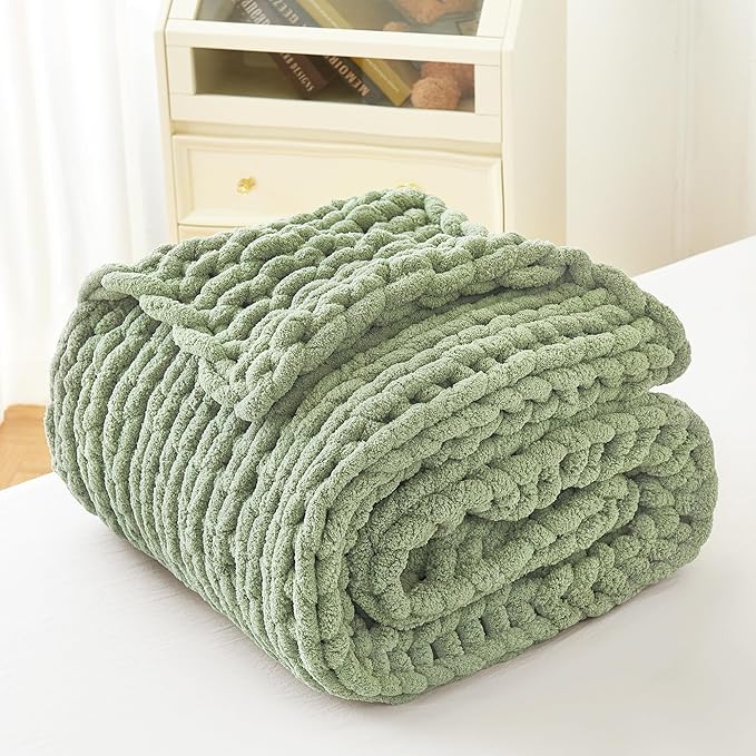 Admitrack Chunky Knit Blanket Throw, 100% Hand Knit Chenille Throw Blanket for Sofa & Home Decor, Soft and Cozy Knitted Throw Blankets (Sage Green,40"x50")