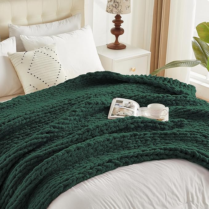 Carriediosa Chunky Knit Throw Blanket 50" X 60", 100% Hand Made Large Chenille Loop Yarn Soft Fluffy Throws for Couch Sofa Bed, Big Crochet Cozy Heavy Thick Cable Woven Blankets, Dark Green