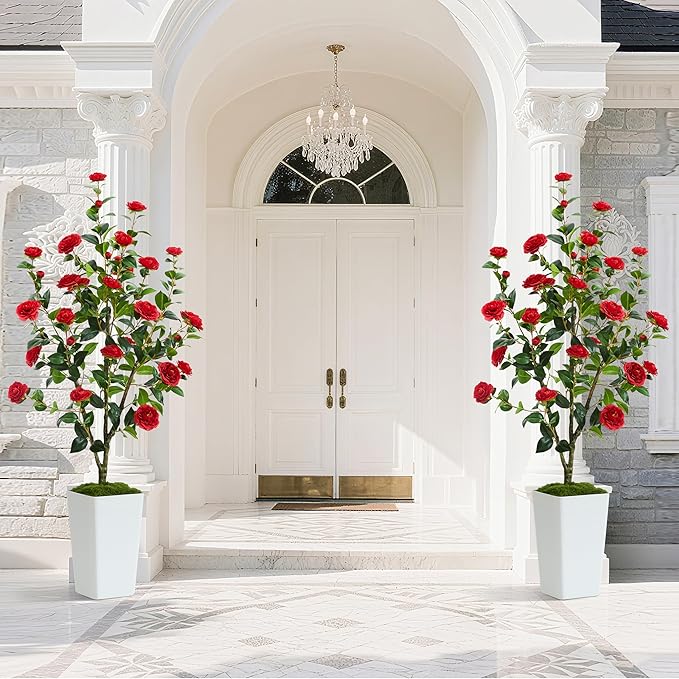 Artificial Camellia Tree 5FT Faux Trees Indoor Fake Floral Plant Blooming Tree with Red Flowers & White Tall Planter, Faux Camellia Plants for Porch Home Room Bedroom Office Front Door Outdoor Decor