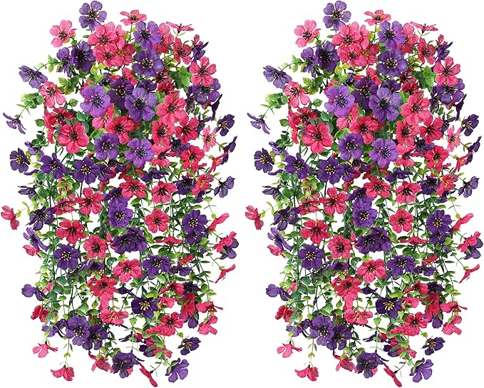 Artificial Faux Hanging Flowers Plants for Spring Outdoor Outside Decoration, 2 PCS Fake Silk Daisy with Eucalyptus UV Resistant Realistic Trailing Vines for Balcony Patio Porch (Darkpurple+Hotpink)