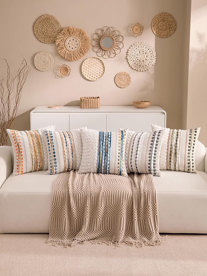 Boho Chenille Tufted Couch Throw Pillow Covers 18x18 Inch Set of 2 Farmhouse Striped Decorative Pillow Covers Accent Neutral Square Pillowcase Blue Cushion Covers for Livingroom Sofa Bed