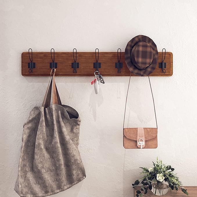 HBCY Creations Rustic Brown Solid Wood Wall Mounted Coat Rack with Shelf, 7 Hooks, 34" Long - Kitchen, Mudroom, Entryway, Bathroom - Includes Mounting Hardware, Coat Hanger, Dog Leash Hooks