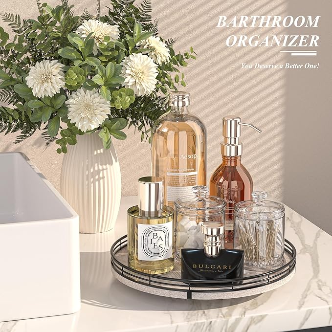 12" Farmhouse Lazy Susan for Kitchen & Coffee Table Decor โ Rustic Wood Tray with Black Metal Frame, Decorative Centerpiece for Dining Room, Ottoman, Living Room, Serving or Vanity Use