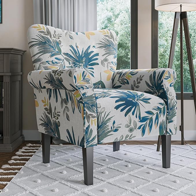 BELLEZE Modern Accent Chair for Living Room, High Back Floral Armchair w/Wooden Legs, Upholstered Wingback Side Chair Padded Armrest Single Sofa for Living Room, Bedroom - Allston (Green Blue Floral)