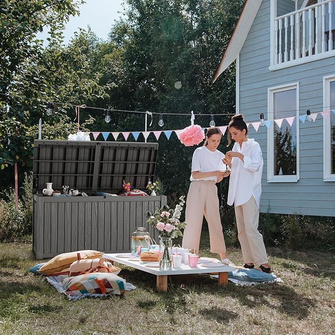 180 Gallon Deck Box Large Outdoor Storage for Patio Furniture,Outdoor Cushions,Garden Tools and Pool Supplies,Waterproof,Resin,Lockable(Grey)