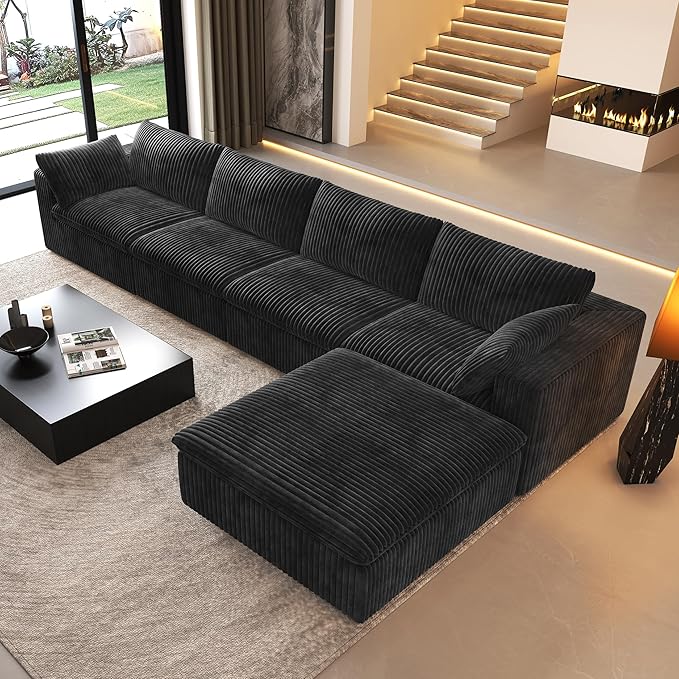 157.5" L Shaped Modern Sofa Modular Sectional Cloud Couch with Ottoman,Deep Seat Upholstered Couches with Corduroy Fabric for Living Room Furniture,Bedroom and Apartment,No Assembly Required,Black
