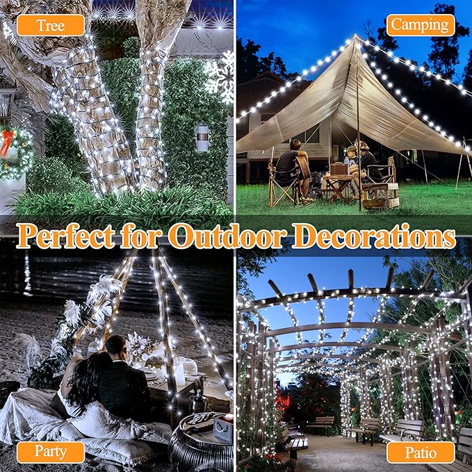 2 Pack Solar String Lights Total 480LED 158FT, IP67 Waterproof Solar Lights for Outside with 8 Modes, Upgraded Solar Panel Fairy Lights for Garden Party Wedding Decorations (Cool White)
