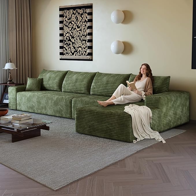 136" Sectional Couches for Living Room Modern Modular Sofa with L-Shape Couchs Upholstered Boneless Couch Deep Seat Sectional Couch with Chaise (Green, Right Facing Chaise+3Seaters)