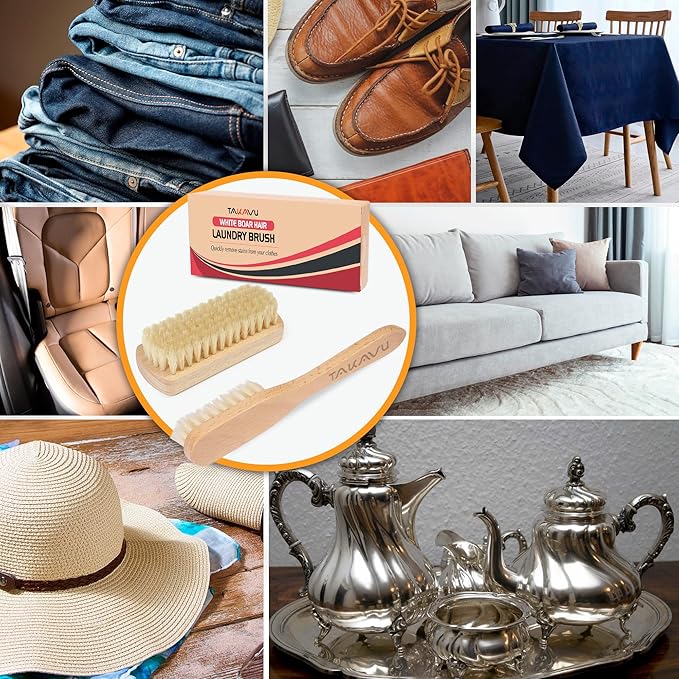 Boar Bristle Laundry Stain Brush Set by TAKAVU, Stiff Pure Boar Bristle for Scrubbing Out Tough Stains on Delicate Fabrics Knits Cotton Leather Washable Fabrics