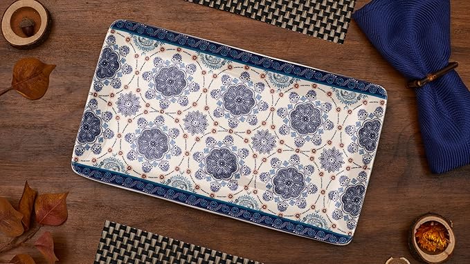 Bico Blue Talavera Ceramic 14 inch Rectangular Serving Platter, Set of 2, for Serving Salad, Pasta, Cheese, Ham, Appetizer, Microwave & Dishwasher Safe