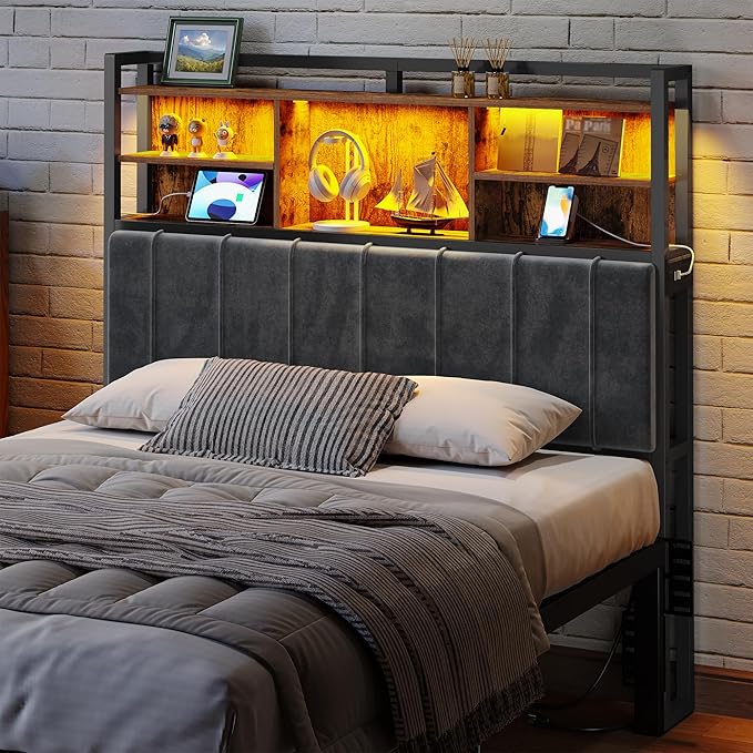 Headboard with 3-Tier Storage Shelves, Velvet Upholstered Head Board with 2 Outlets, USB Ports & LED Light, Soft Backrest for Full Size Bed, Rustic Brown and Black BH13801B