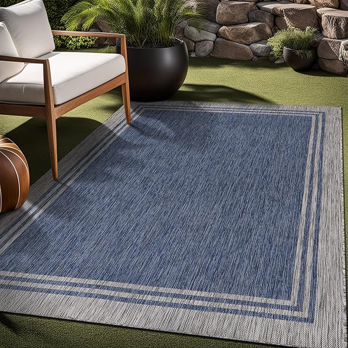 Bordered Outdoor Rug 10x14 Washable Outside Carpet for Indoor Patio Porch Waterproof Easy Cleaning Non Shedding Area Rugs Navy 10 x 14
