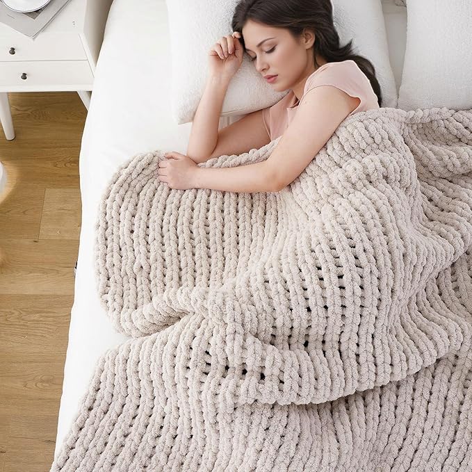 Battilo Chunky Knit Throw Blanket, Soft and Thick Chenille Throw Blanket, 50"x60" Handmade Cable Knit Crochet Blanket, Large Rope Knot Throw Blankets for Couch Sofa Bed Home Decor, Taupe