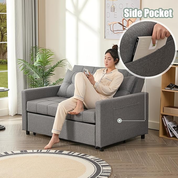 52" Sleeper Sofa with Pull-Out Bed, 3-in-1 Convertible Sofa Bed, Loveseat with Stepless Adjustable Backrest and Side Pocket, for Living Room Dorm Apartment, Linen, Light Gray