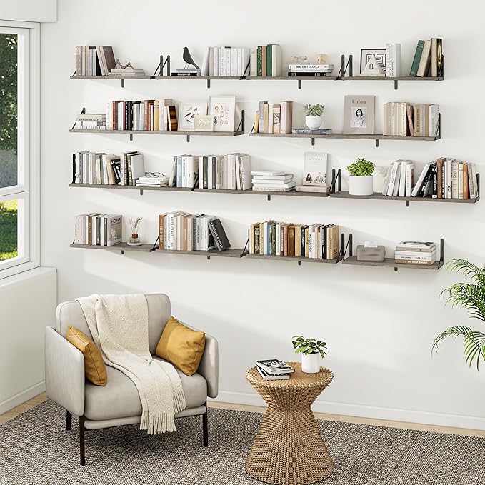 Heimlove 36 Inch Floating Bookshelves Set of 3,Wall Bookshelf Heavy Duty Wall Mounted Bookshelves for Living Room,Bedroom,Kitchen,Laundry Room Storage & Decor,Silver Grey