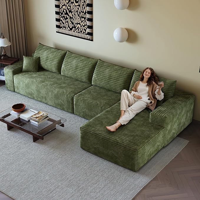 136" Sectional Couches for Living Room Modern Modular Sofa with L-Shape Couchs Upholstered Boneless Couch Deep Seat Sectional Couch with Chaise (Green, Right Facing Chaise+3Seaters)