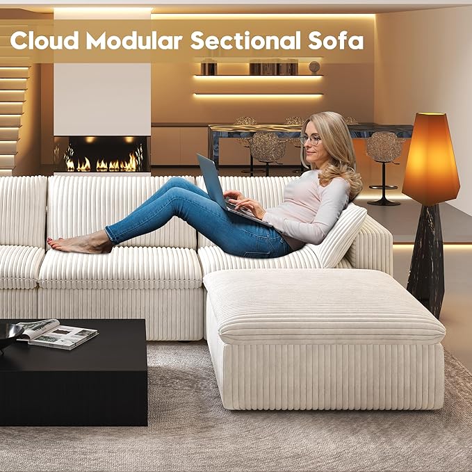 157.5" L Shaped Modern Sofa Modular Sectional Cloud Couch with Ottoman,Deep Seat Upholstered Couches with Corduroy Fabric for Living Room Furniture,Bedroom and Apartment,No Assembly Required,White