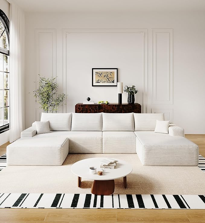 136" Sectional Couches for Living Room Modern Modular Sofa with L-Shape Couchs Upholstered Boneless Couch Deep Seat Sectional Couch with Chaise (White, Right Facing Chaise+3Seaters+Ottoman)