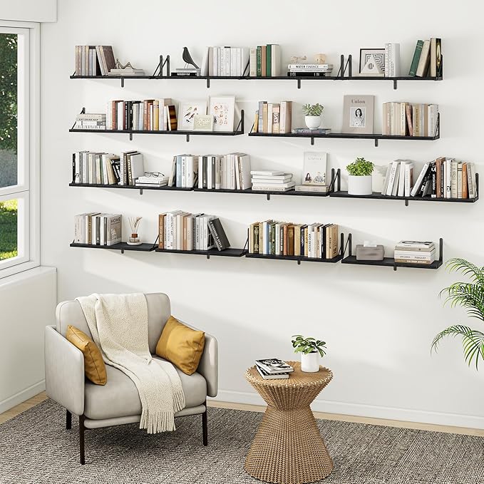 Heimlove 36 Inch Black Floating Bookshelves Set of 3,Heavy Duty Wall Mounted Bookshelves,Bookshelf for Living Room,Bedroom,Kitchen,Laundry Room Storage & Decor