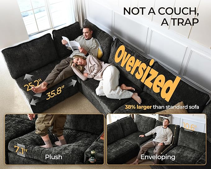 124.8'' Oversized Modular Sofa Comfy Cloud Couch with Storage, Extra Wide Sectional Sofa for Living Room, Covers Washable, 3-Seater, Chenille, Black