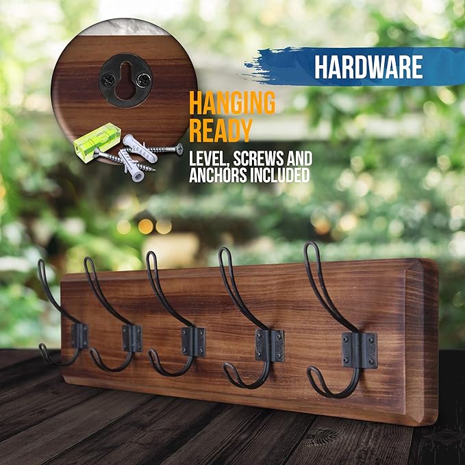 HBCY Creations Dark Wash Brown Rustic Coat Rack Wall Mount with 5 Hooks, Solid Pine Wood 24 inch Wall Hooks for Entryway, Mudroom, Hallway, Bathroom - Vintage Farmhouse Style Wall Mounted Towel Rack