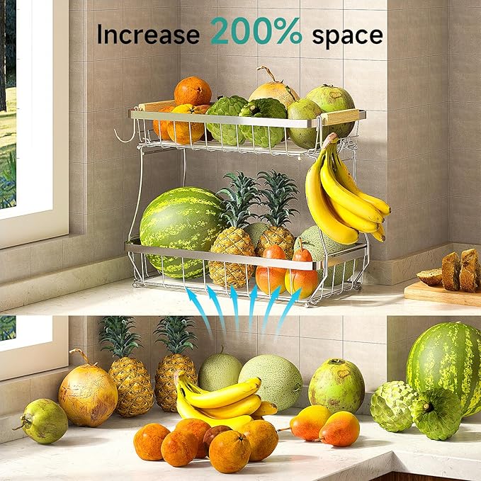 2 Tier Fruit Basket for Kitchen Counter with 2 Banana Hangers, 2025 Pro Detachable Metal Fruit Bowl with Wooden Handle,Fruit Holder for Bread Snack Veggies, Silvery