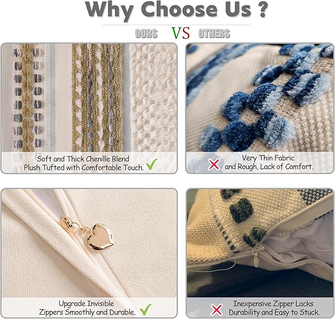 Boho Chenille Tufted Couch Throw Pillow Covers 18x18 Inch Set of 2 Farmhouse Striped Decorative Pillow Covers Accent Neutral Pillowcase Brown Cushion Cover for Living Room Sofa Bed