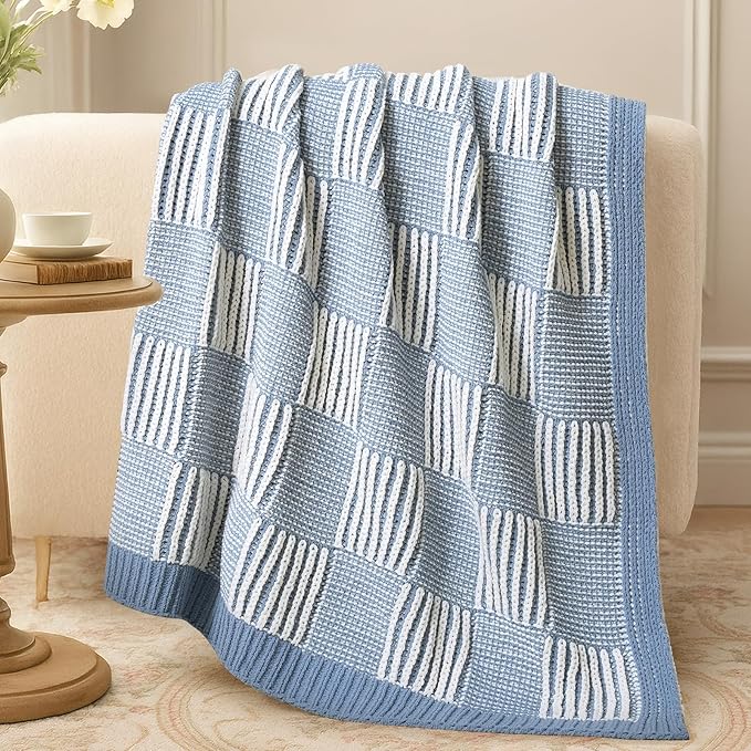Amélie Home Chenille Knit Throw Blanket for Couch, Checkered Texture Decorative Soft Blanket for Sofa, Bed & Living Room, 50"x60", Blue & White