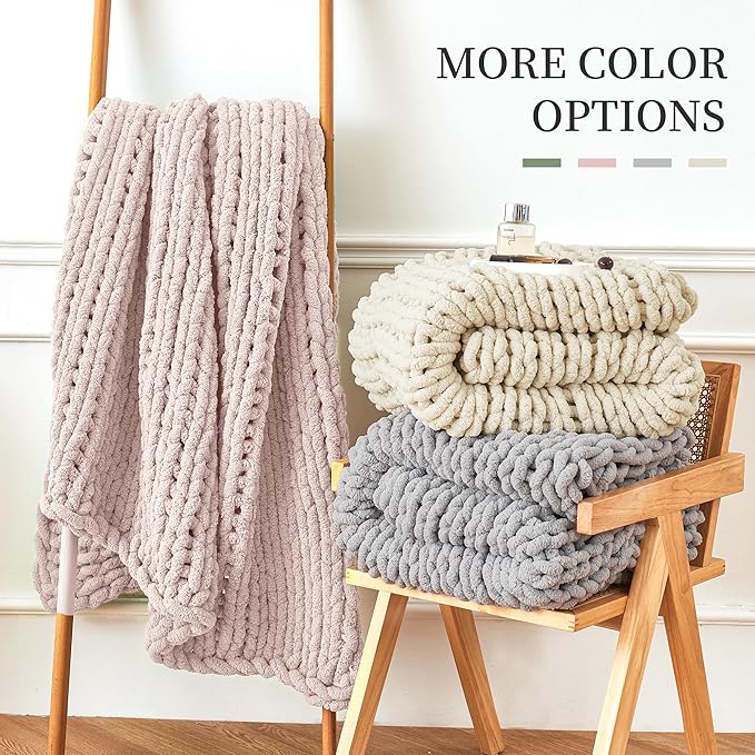 Admitrack Chunky Knit Blanket Throw, 100% Hand Knit Chenille Throw Blanket for Sofa & Home Decor, Soft and Cozy Knitted Throw Blankets (Pink,51"x63")