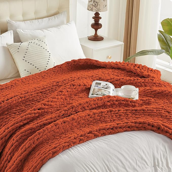 Carriediosa Chunky Knit Throw Blanket 60" X 80" Twin, 100% Hand Made Large Chenille Loop Yarn Soft Fluffy Throws for Couch Sofa Bed, Big Crochet Cozy Heavy Thick Cable Woven Blankets, Rust