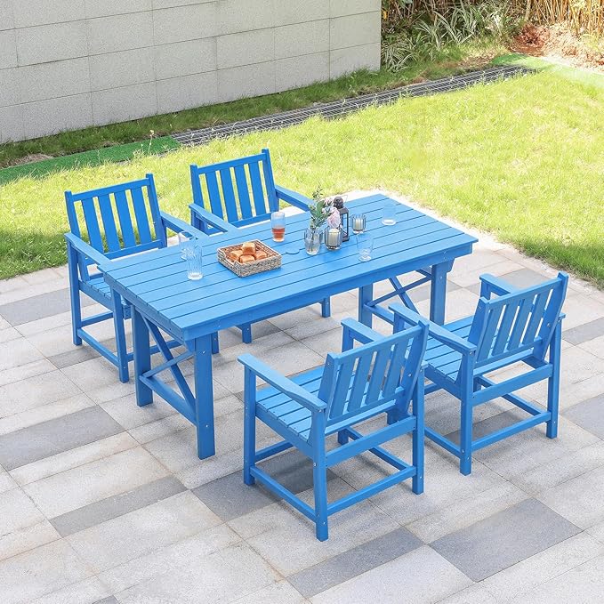 HDPE Patio Dining Set, 5-Piece Outdoor Table and Chairs with Umbrella Hole, Modern Outdoor Dining Set for 4, HDPE Outdoor Patio Furniture Dining Sets for Deck, Poolside, Porch, Sky Blue