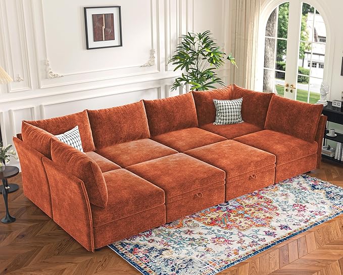 134.6" Modular Sectional Sofa, Oversized 4 Seater Terracotta Orange Couch with Removable Chenille Fabric Cover, Deep Seat & High Backrest for Living Room, Office & Apartment