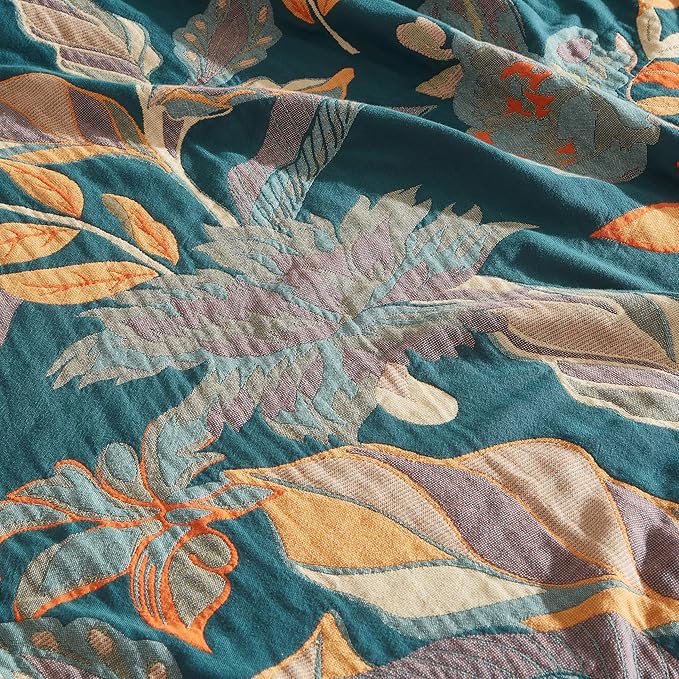 Boho Throw Blanket for Bed 90”x98”, 100% Cotton Woven Blanket for Couch Sofa, Ultra Soft 4-Layer Muslin Quilt with Floral Printed, Farmhouse Bed Blanket/Cover for Living Room Decor