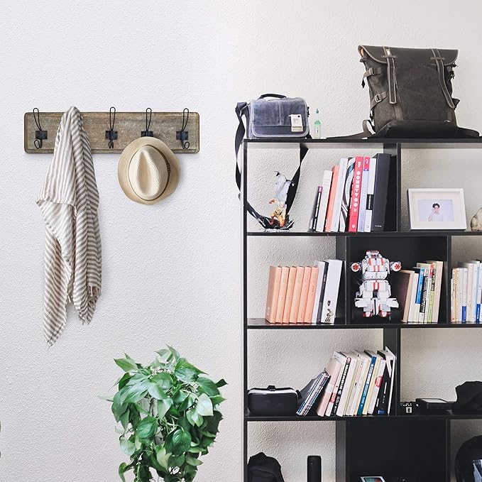 HBCY Creations Weathered Rustic Coat Rack Wall Mount with 5 Hooks, Solid Pine Wood 24 inch Wall Hooks for Entryway, Mudroom, Hallway, Bathroom - Vintage Farmhouse Style Wall Mounted Towel Rack