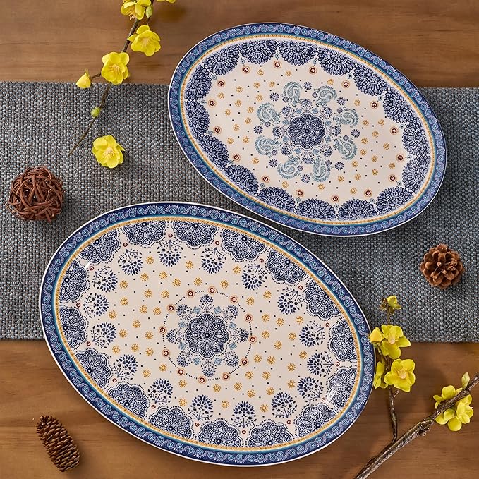 Bico Blue Talavera 16 plus 14 inch Oval Platters Set, Set of 2, Microwave and Dishwasher Safe, for Serving Fish, Chicken, Turkey