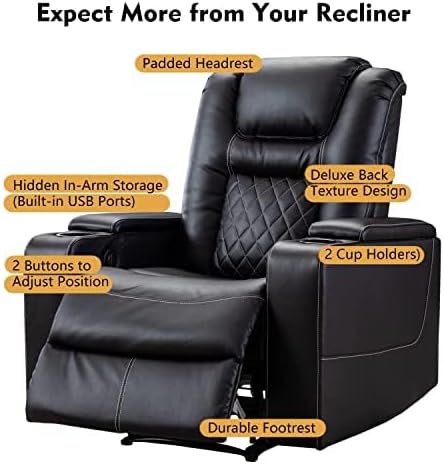 CANMOV Electric Power Recliner Chair Set of 3, Breathable Leather Home Theater Seating with Hidden Arm Storage, Power Recliner Chair with USB Ports and Cup Holders for Living Room,Black