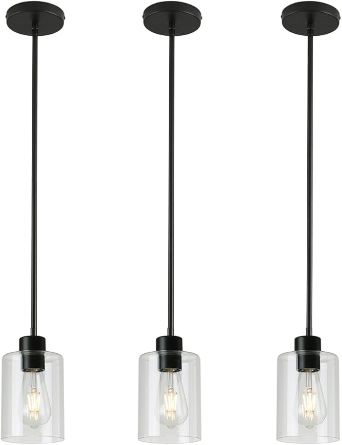 Black Pendant Lights Kitchen Island - Clear Glass Pendant Light Fixture Multiple Stems Rods 3 Units 12 Inch 3 Units 4 Inch (Black 3 Pack Stem Rod)