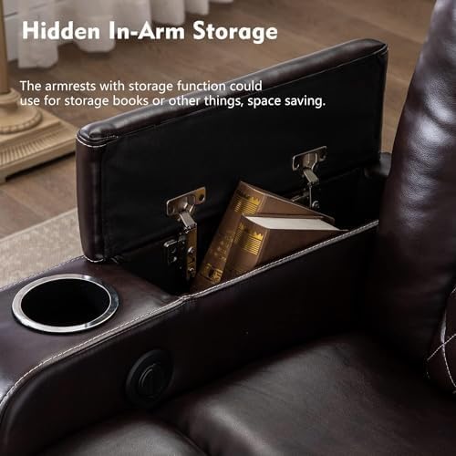 CANMOV Electric Power Recliner Chair Set of 3, Breathable Leather Home Theater Seating with Hidden Arm Storage, Power Recliner Chair with USB Ports and Cup Holders for Living Room,Brown