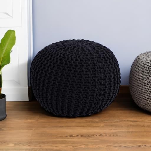 BIRDROCK HOME Round Pouf Ottoman | Cotton Braided Foot Stool with Bean Bag Filling | Boho Foot Rest for Living Room & Bedroom | Compact & Comfortable Seating, Lightweight & Soft | Black