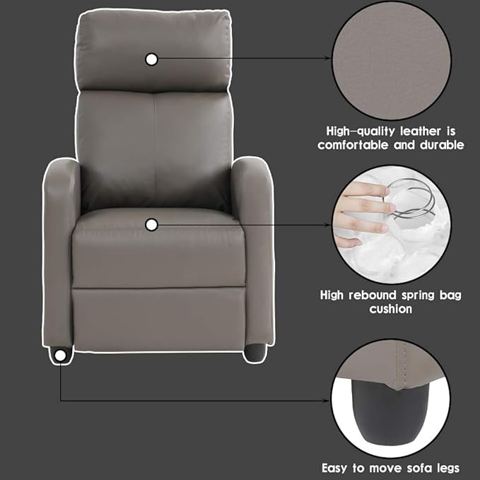 BestMassage | Recliner Chair | No Massage Function | Pu Grey | with Lumbar Support, Adjustable Push Back, Wide Armrests, Footrest & Padded Seat | Easy Assembly | for Living Room, Home Theatre