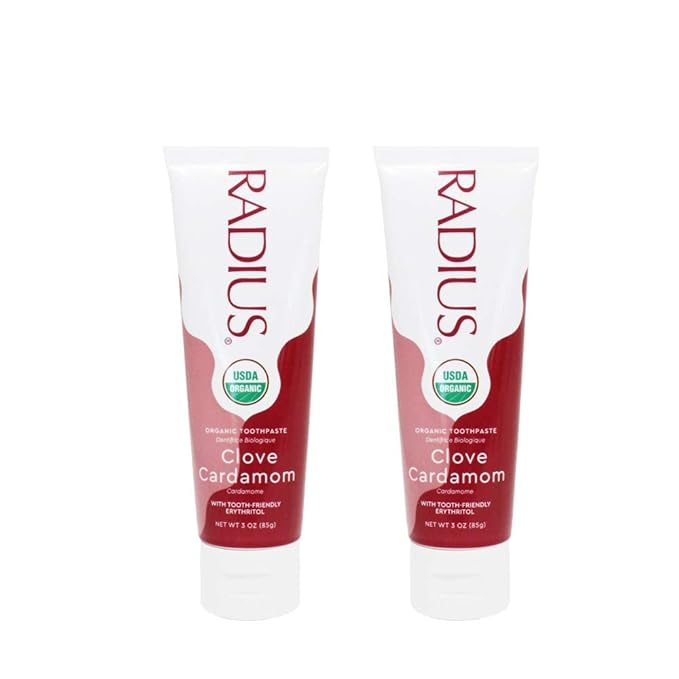 RADIUS USDA Organic Toothpaste 3oz Non Toxic Chemical-Free Gluten-Free Designed to Improve Gum Health & Prevent Cavity - Clove Cardamom - Pack of 2