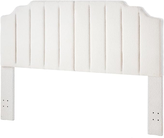 24KF White Teddy Fabric Tufted King Upholstered Headboard, Modern Vertical Channel Design California King Headboard with Stepped Silhouette Top Edge,6026-K-Teddy White