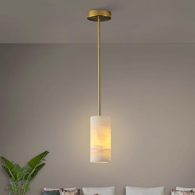 Alabaster Pendant Light Kitchen Island, H-9.5in Brass Pendant Light Fixtures with Natural Marble Shade, Adjustable Ceiling Pendant for Dining Room, Living Room, Bedroom & Bathroom