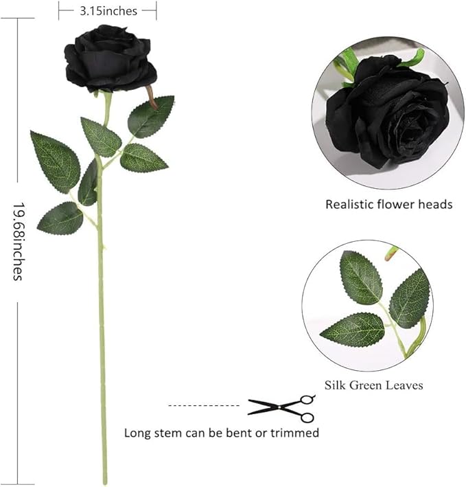 Black Fake Roses Artificial Flowers - 10 Pcs Fake Artificial Roses Silk Flowers with Stems for Home Wedding Hotel Office Centerpiece Decor