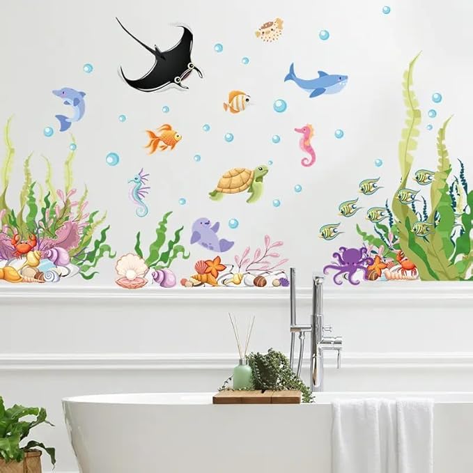 2 Sheets of 12x36 Inch Spring Summer Window Cling Sticker Fish, Plants, Aquatic Theme Window Stickers, Spring and Summer Decor, Home, Shop, Party Window, Glass, Wall Display Stickers (Aquatic Theme)