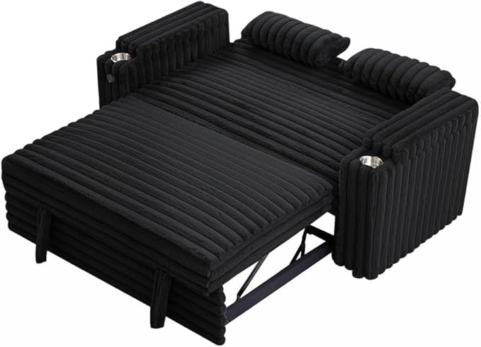 57-Inch Velvet Full Size Sleeper Sofa Couch with Pullout Bed,Convertible Pull Out with Golden Decorative Strip and Adjustable Backrest for Small Spaces,Apartment, Guest Room, RV (1109Black)