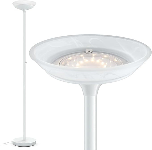 BoostArea Torchiere Floor Lamp, 24W Super Bright LED Standing Lamp, Stepless Dimmable Pole Lamp with 3000K Lighting, Glass Lampshade, 71Inch Tall Metal Modern Floor lamps for Living Room/Bedroom White